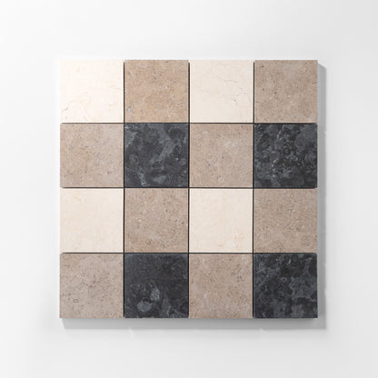 Plaid 2x2 Mosaic I | White & Beige & Black Limestone