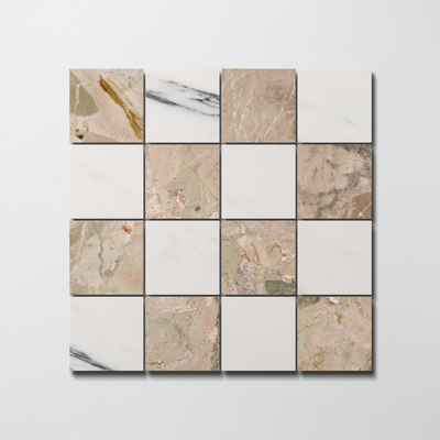 Checker 2x2 Mosaic | Arabescato Corchia & Botticelli Breccia Rose Marble