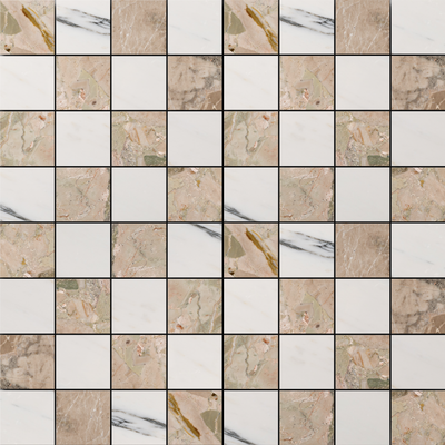 Checker 2x2 Mosaic | Arabescato Corchia & Botticelli Breccia Rose Marble