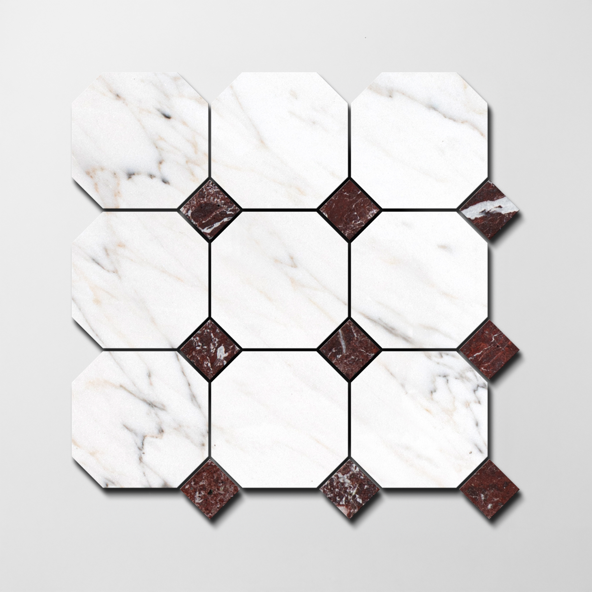 Arabescato Corchia X Rosso Levanto | Octagon & Dot Natural Stone Mosaic