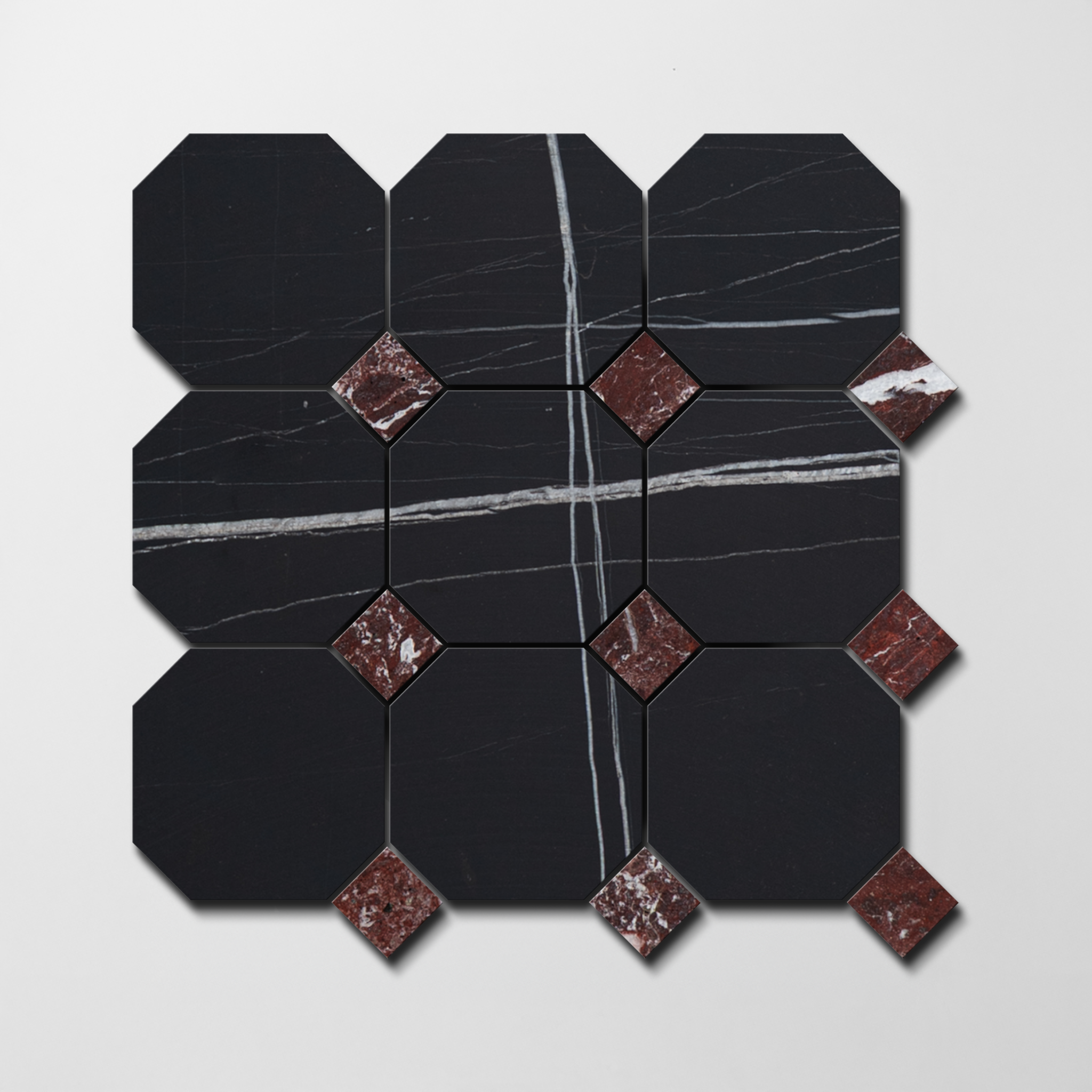 Sahara Noir X Rosso Levanto | Octagon & Dot Natural Stone Mosaic