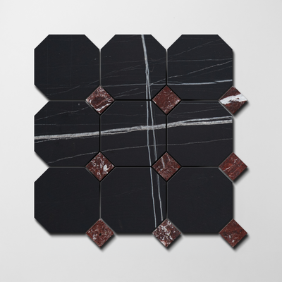 Sahara Noir X Rosso Levanto | Octagon & Dot Natural Stone Mosaic